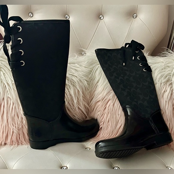 Coach Black Signature Jacquard Back Lace Up Rain Boots Size 11B/41 - Picture 6 of 15